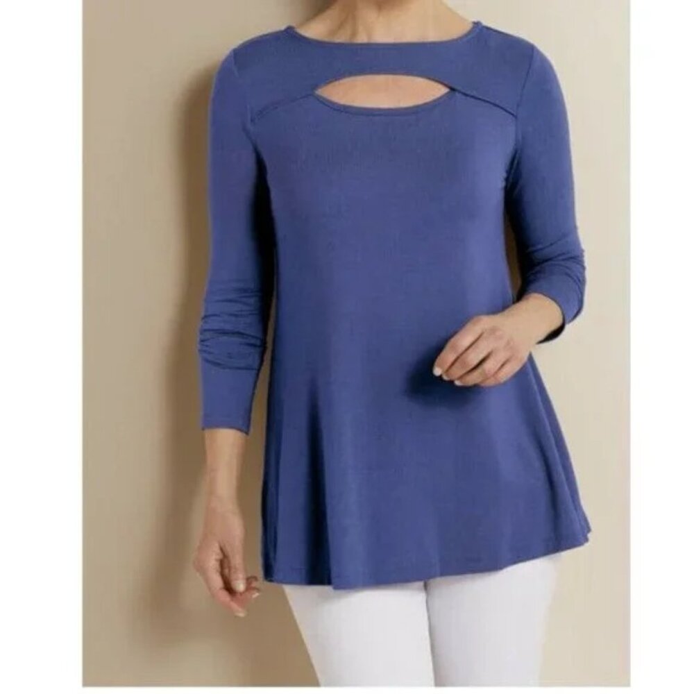 Soft‎ Surroundings Beckett Top Size S Blue Keyhole Long Sleeve T-shirt Modal